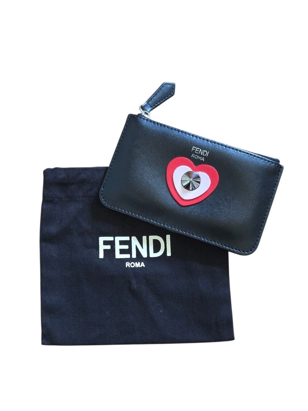 Fendi Roma Authentic Black Heart Studded Key Chain Coin Case Wallet Dust Bag
